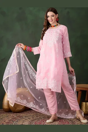 MANVAA Floral Embroidered Round Neck kurta With Trousers And Dupatta