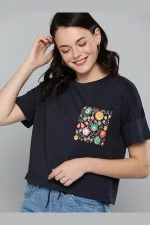 Mast & Harbour Women Navy Blue Solid Round Neck T-shirt With Printed Details