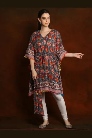 Exotic India Dusty Blue Pure Cotton Short Kaftan with Pom Poms Border and Cotton Bag