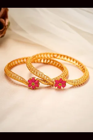 Rubans Set Of 2 Gold-Plated & Pink Stone-Studded Bangles