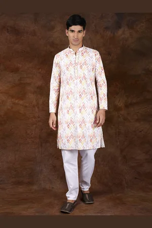 Exotic India Rainbow Pure Cotton Kurta Pajama Set with Diamond Pattern Thread Embroidery