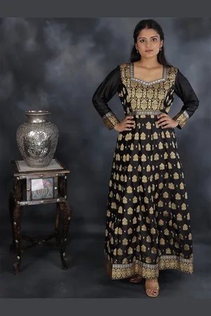 Exotic India Black Pure Silk Anarkali Dress with Resham Floral-Geometric Brocade Pattern