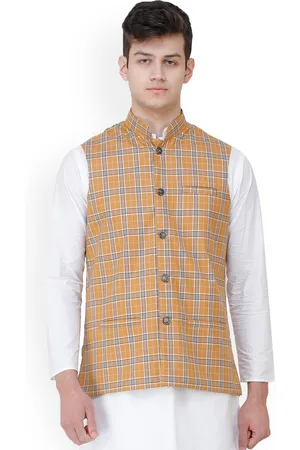 Exotic India Double Check Pattern Nehru Jacket with Front Pockets