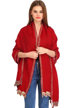 Exotic India Maroon Zari Thread-Embroidered Jagged Border Pure Wool Stole