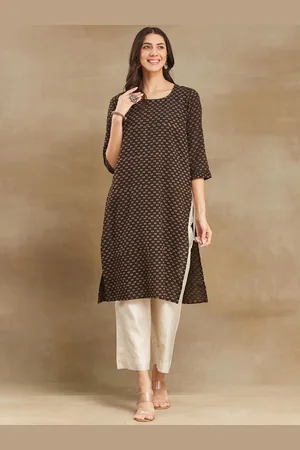 Fabindia Geometric Printed Round Neck Cotton Straight Kurta