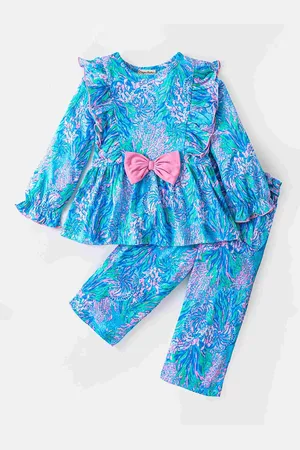 CrayonFlakes Girls Floral Printed Pure Cotton Top with Trousers