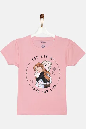 YK Girls Pink Disney Elsa and Anna Typography Printed Puff Sleeve Cotton T-shirt