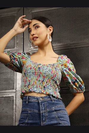 DressBerry Floral Print Sweetheart Neck Crepe Crop Top