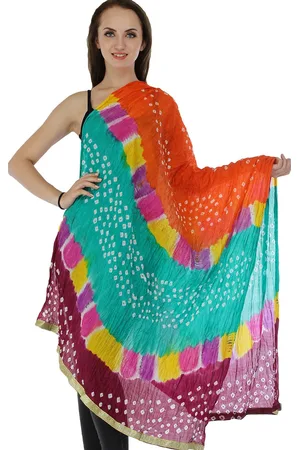 Exotic India Bandhani Multicolored Tie-Dye Crinkled Silk Dupatta with Gota Border