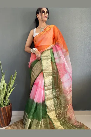 HERE&NOW Tie and Dye Zari Organza Kanjeevaram Saree