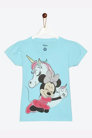 YK Girls Blue Minnie Mouse Printed Puff Sleeves Cotton T-shirt