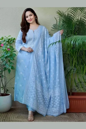 DIVASTRI Floral Embroidered Notch Neck Straight Kurta With Trousers & Dupatta
