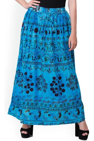 Exotic India Warli Folk Printed Pure Cotton River Blue Long Skirt