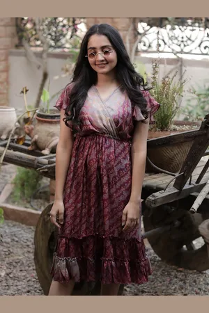 Exotic India Printed V-Neck Short Sleeves Vintage Pure Silk Summer Fit & Flare Dress