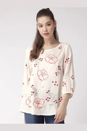 Scouph Women Off-White & Red Embroidered Pure Cotton Top