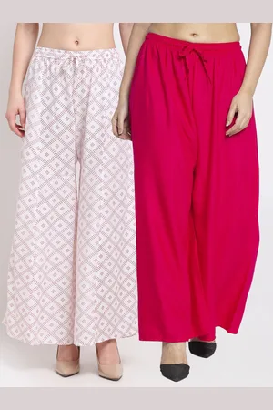 Jinfo Women Pack Of 2 Pink & White Block Printed & Plain Palazzo