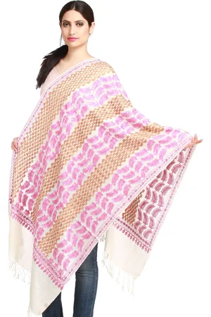 Exotic India Ivory Aari-Embroidered Pure Wool Stole