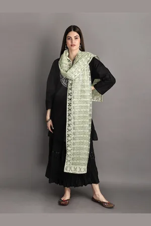 Exotic India Biscay Green Heavy Embroidered Net Dupatta with Paisleys