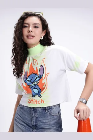Kook N Keech Stitch Printed High Neck Drop-Shoulder Sleeves Boxy T-shirt