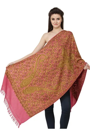 Exotic India Fuchsia Rose Wool Kashmiri Stole with Aari Hand-Embroidered Giant Paisley