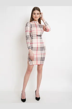 Popwings Peach-Coloured Checked Bodycon Dress