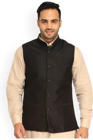 Exotic India Art Silk Jet Black Plain Wedding Waistcoat with Front Pockets
