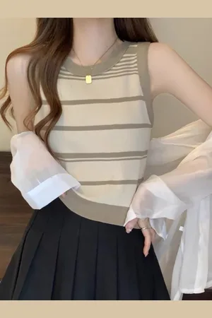HERE&NOW Women Striped Round Neck Sleeveless Top
