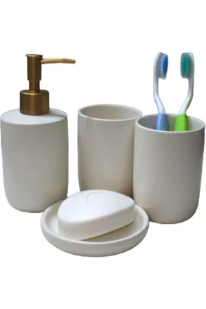FabSeasons Set Of 4 White & Gold-Toned Solid Ceramic Bathroom Accessories