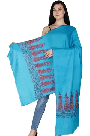 Exotic India Hawaiian Ocean Sozni Embroidered Paisleys and Florals Cashmere Kashmiri Stole