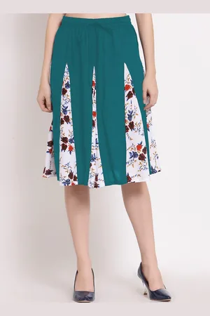 PATRORNA Women Green & White Printed Flared Skirt With Contrast Pleated Detailing