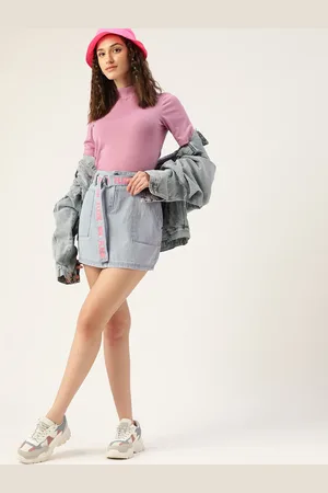 DressBerry Blue Solid Pure Cotton A-line High-Rise Denim Skirt With Belt