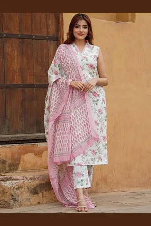 Ethnic Yard Floral Printed V-Neck Straight Kurta With Trouser And Dupatta
