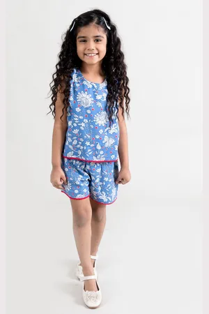 Fairies Forever Girls Blue & White Printed Cotton Capri Jumpsuit