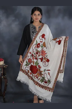 Exotic India Hand Aari-Embroidered Large Flowers Pure Wool Kashmiri Stole