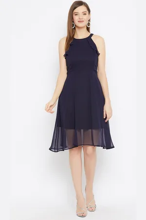 Color Cocktail Navy Blue Choker Neck Georgette Dress