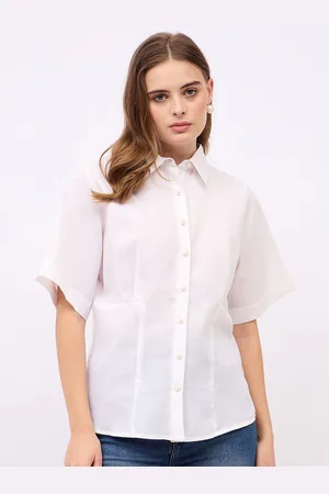 Styli Women Spread Collar Solid Cotton Casual Shirt