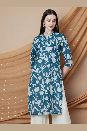 Lifestyle Floral Printed Mandarin Collar Pure Cotton Straight Kurta