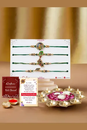 eCraftIndia Set of 5 Thread Rakhi & Metal Designer Urli With Roli Chawal