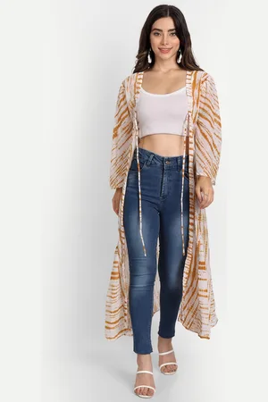 GUFRINA Women Yellow & White Longline Tie-Up Shrug