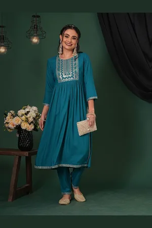 Globus Teal Women Floral Yoke Design Regular Sequinned A-Line Kurta with Trousers