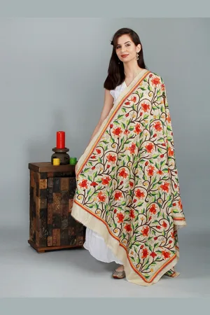 Exotic India Nakshi Kantha Embroidered Tussar Silk Dupatta