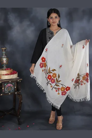 Exotic India Pure Wool Kashmiri Stole with Floral Aari Hand Embroidery