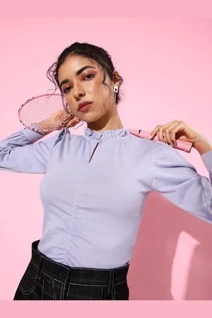 Roadster The Lifestyle Co. Solid Puff Sleeve Ruffled Top With Gathered Collar