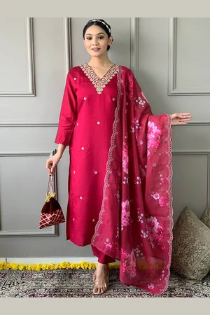 BESUCHER Floral Embroidered Round Neck Chanderi Silk Straight Kurta With Trouser & Dupatta