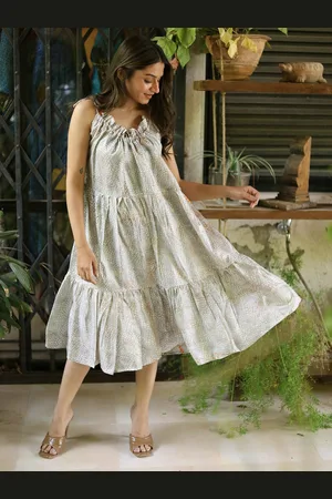 Exotic India Boa Assorted Vintage Pure Silk Ruffle Dress
