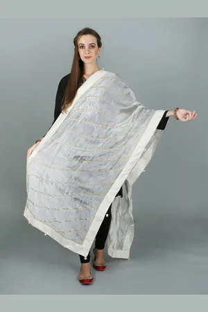 Exotic India Star White Gota Silk Dupatta with Patch Border and Pom-Poms