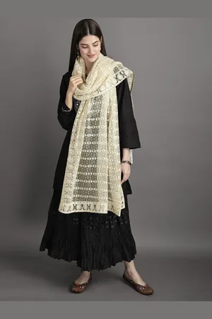 Exotic India Pastel Yellow Heavy Embroidered Net Dupatta with Paisleys