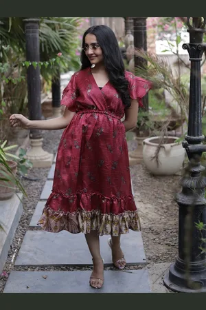 Exotic India Garnet Assorted Vintage Pure Silk Summer Dress