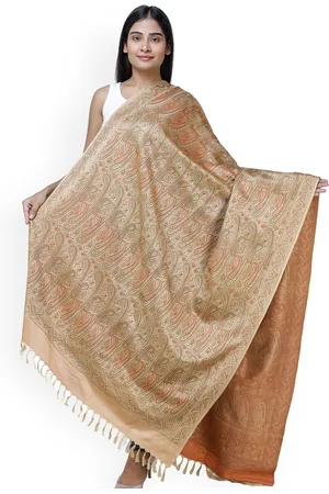 Exotic India Khaki Pure Silk-Wool Stylized Paisleys Weave Banarasi Shawl