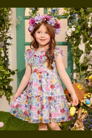Miss & Chief Embellished Print Ruffled Net A-Line Dress
